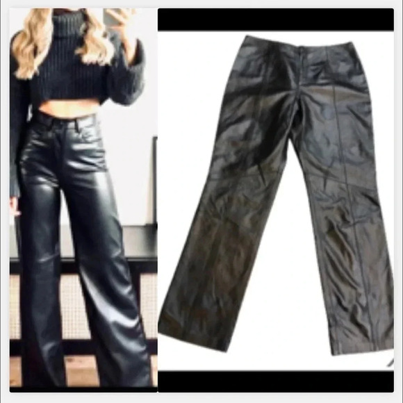 NINE WEST Vintage PantsY2K Black Real Genuine Leather Flair Bootcut - Picture 1 of 9
